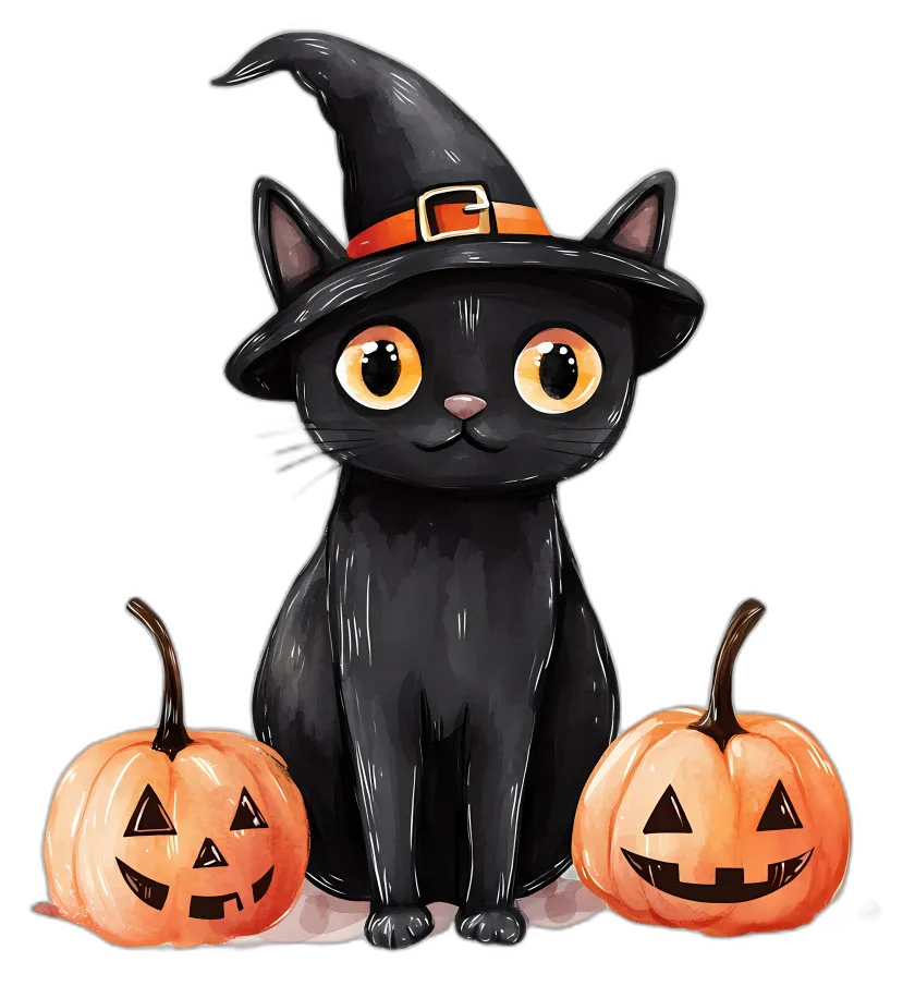 Halloween Black Cat with Witch Hat and Pumpkins