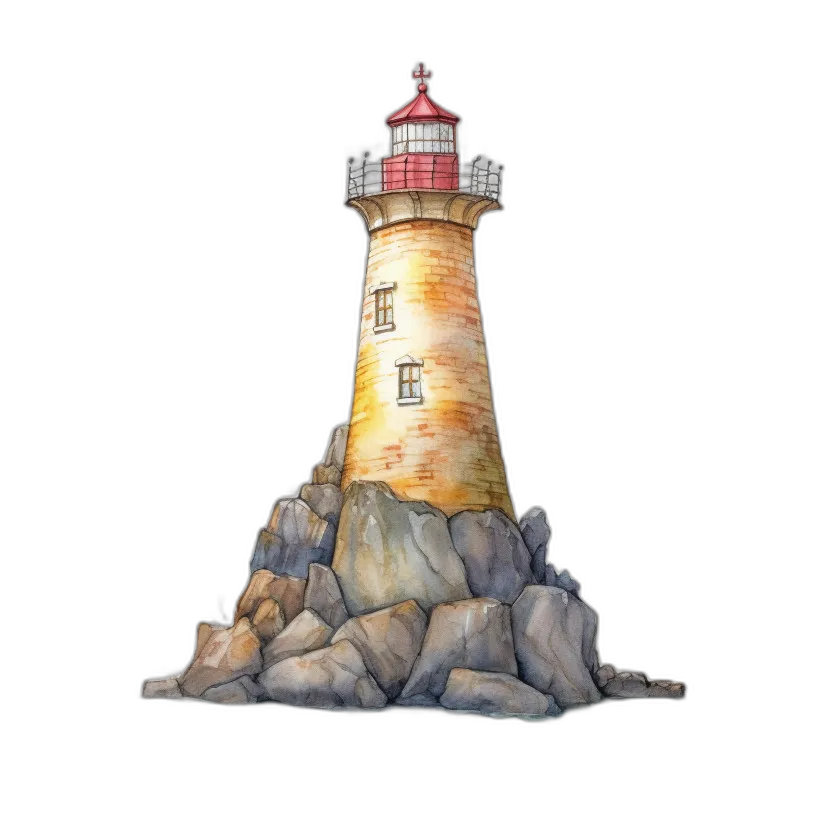 Watercolor Lighthouse on Rocky Island