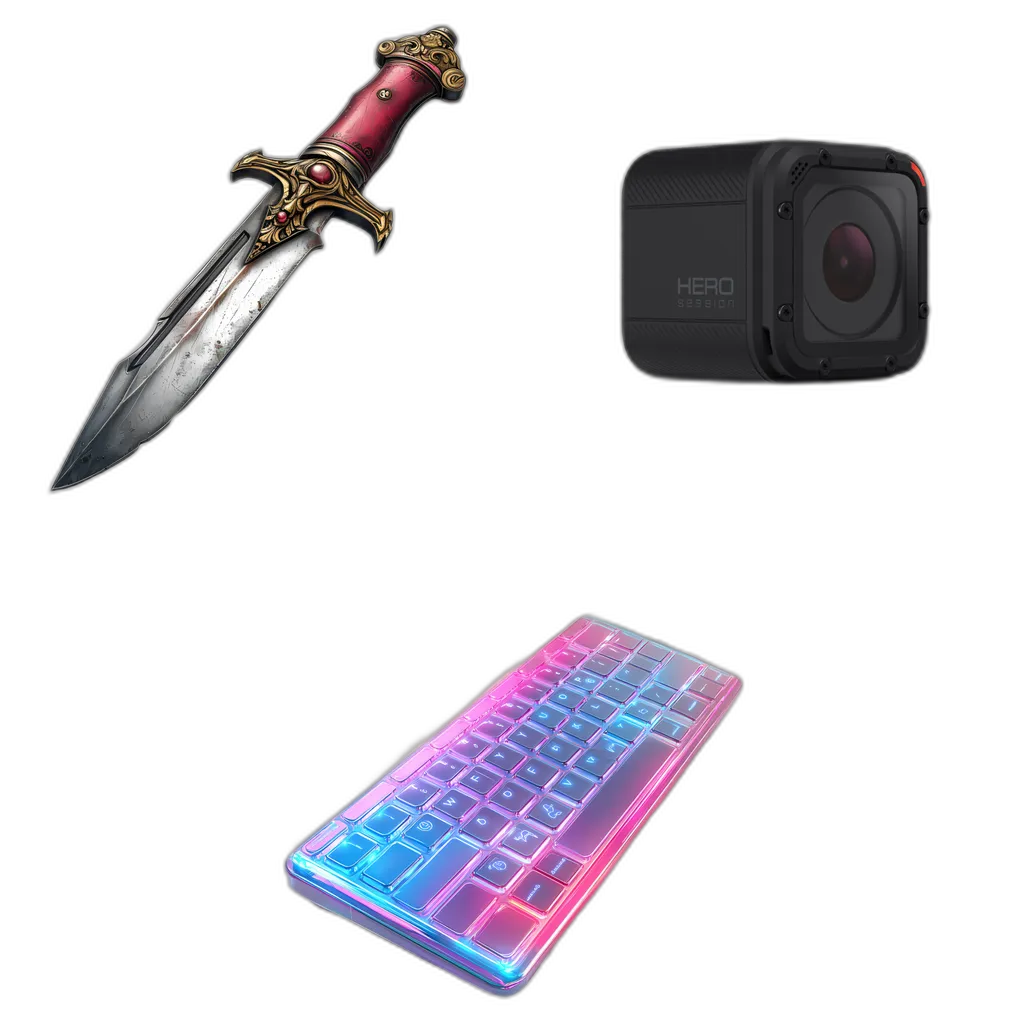 Diverse Prop Bundle: Dagger, Camera, Keyboard, House