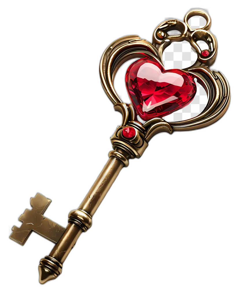 Ornate Golden Heart Key with Ruby