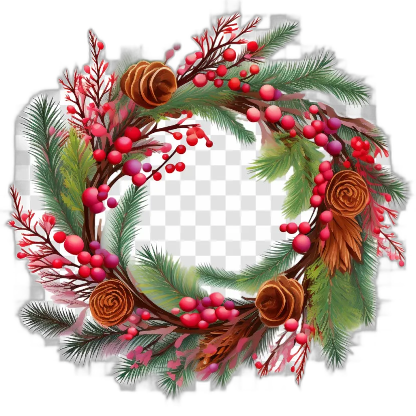 Holiday Wreath with Berries and Pinecones