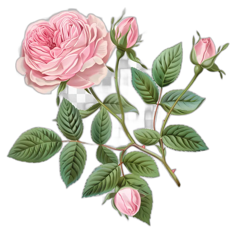 Botanical Pink Roses with Buds