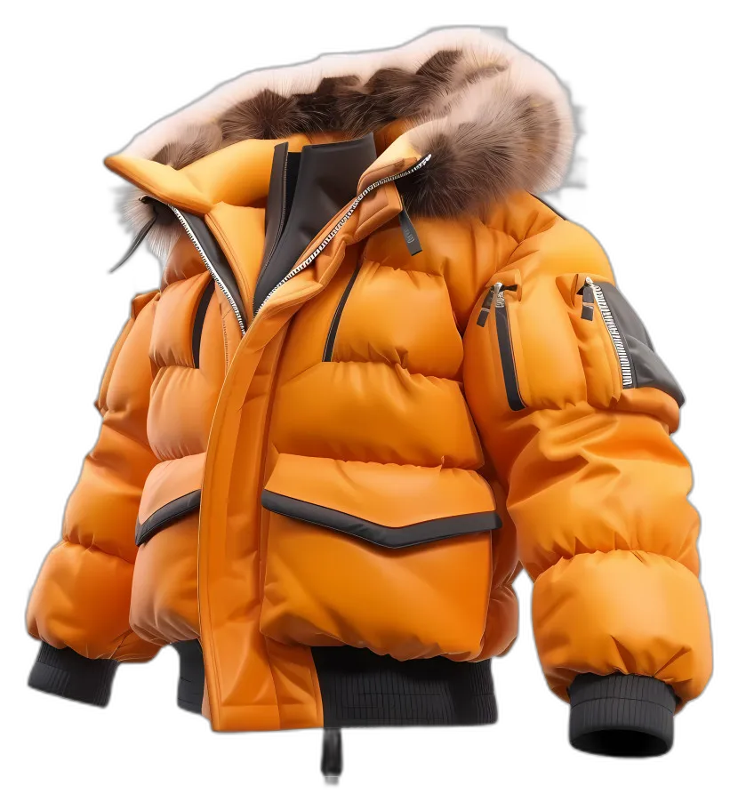 Orange Winter Puffer Jacket with Fur Hood