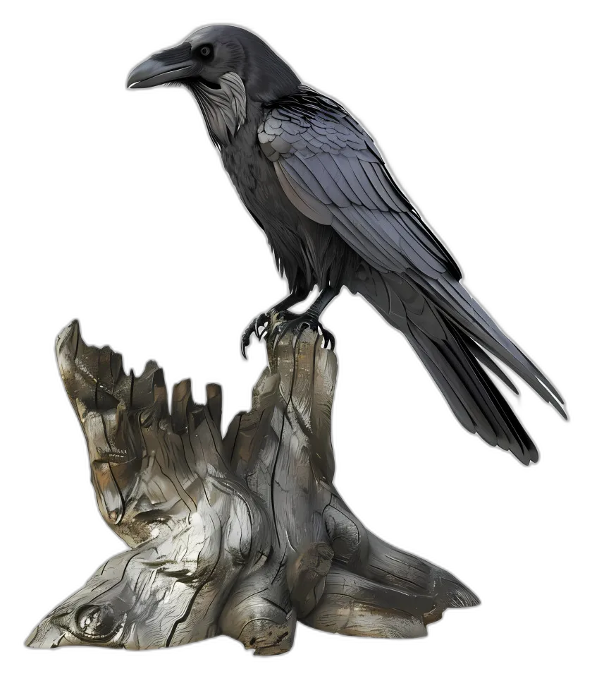 Detailed Perched Raven on Tree Stump