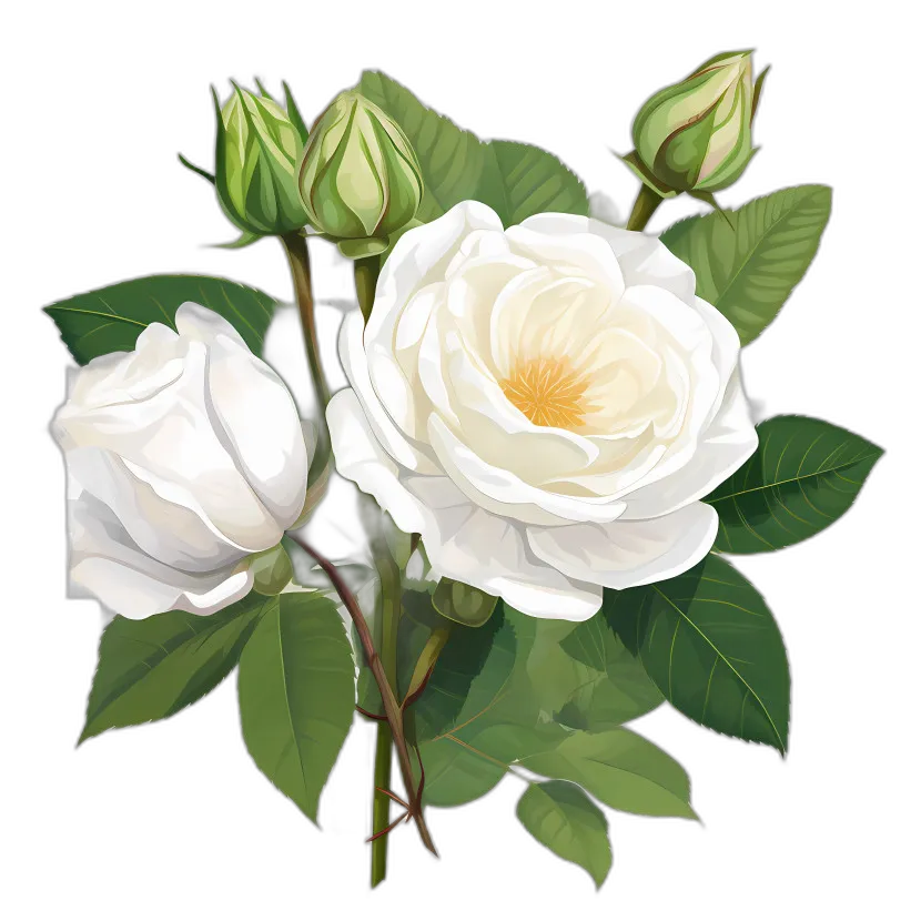 White Roses with Buds and Leaves